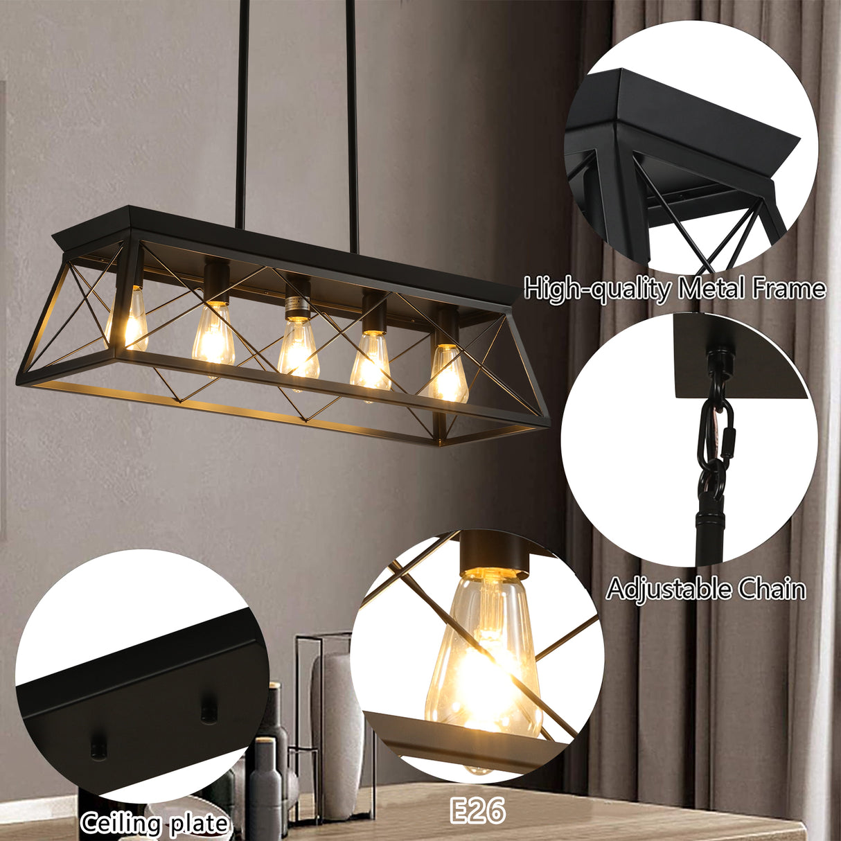 5-light farmhouse pendant light, metal pendant light island fixture, modern rectangular island light, pure black (no bulb) - Julia M LifeStyles