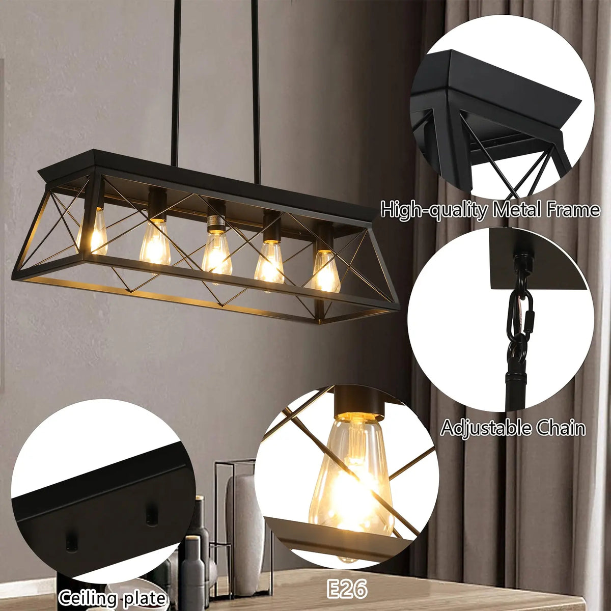 5-light farmhouse pendant light, metal pendant light island fixture, modern rectangular island light, pure black (no bulb) - Julia M LifeStyles