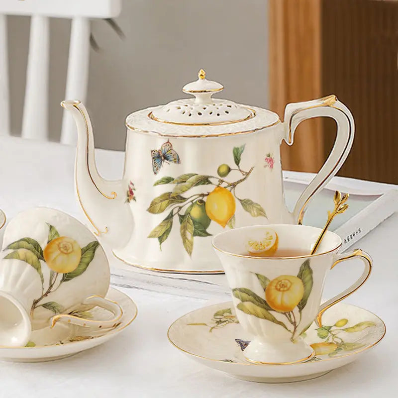 European - style Elegant Lemon Espresso Cups Set: Includes Tea Cups, Saucers, Ceramic Mugs, and a Dessert Plate eprolo