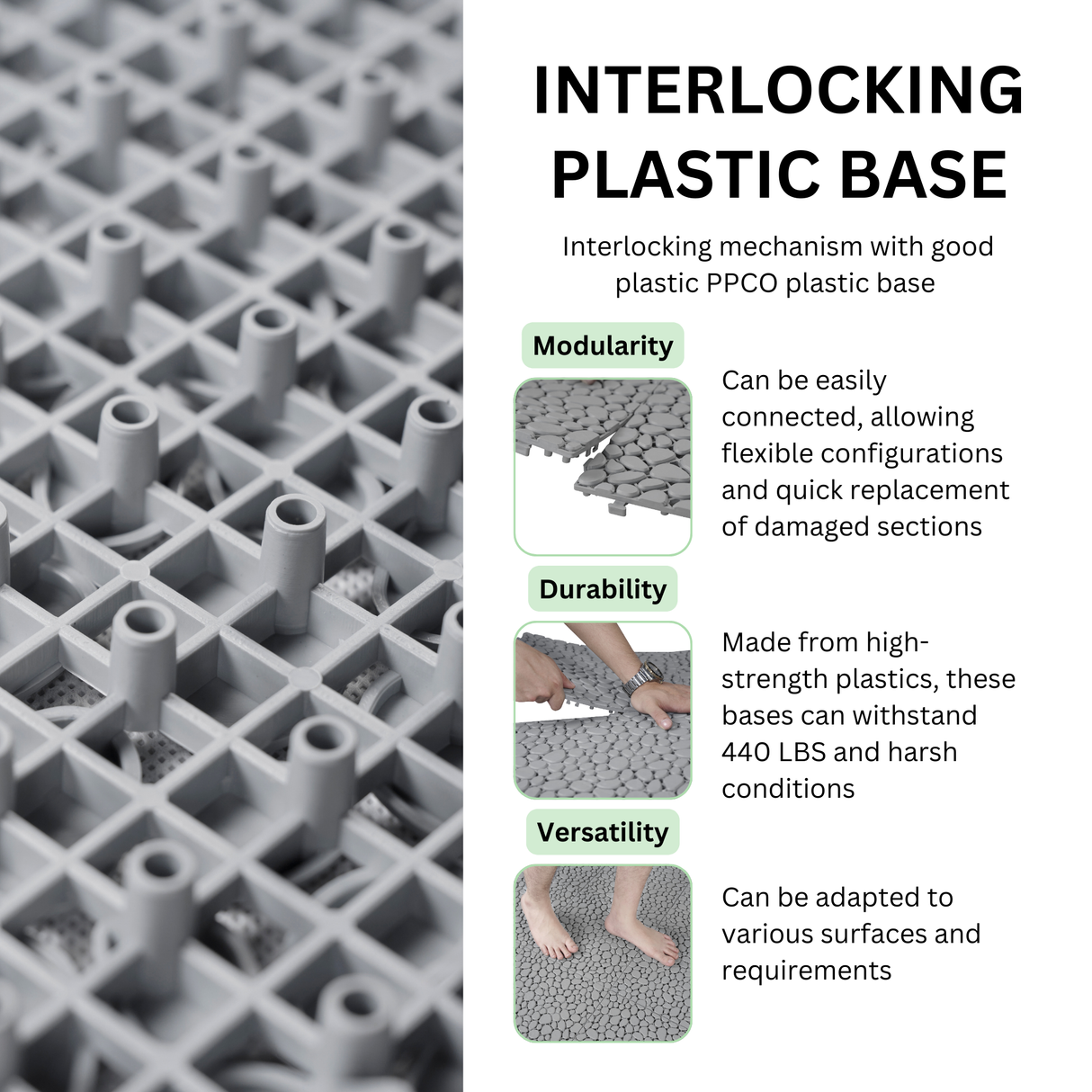 12 x 12 inch gray interlocking deck tiles, plastic waterproof pebble pattern, pack of 12 pieces - Julia M LifeStyles