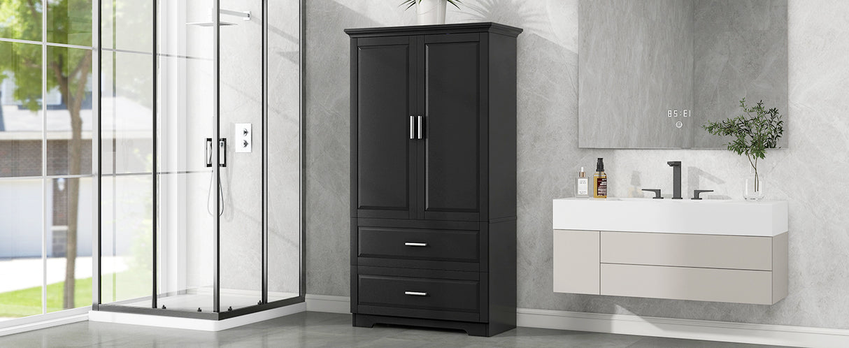 Tall Bathroom Storage Cabinet, Cabinet with Two Doors and Drawers, Adjustable Shelf, MDF Board, Black - Julia M LifeStyles