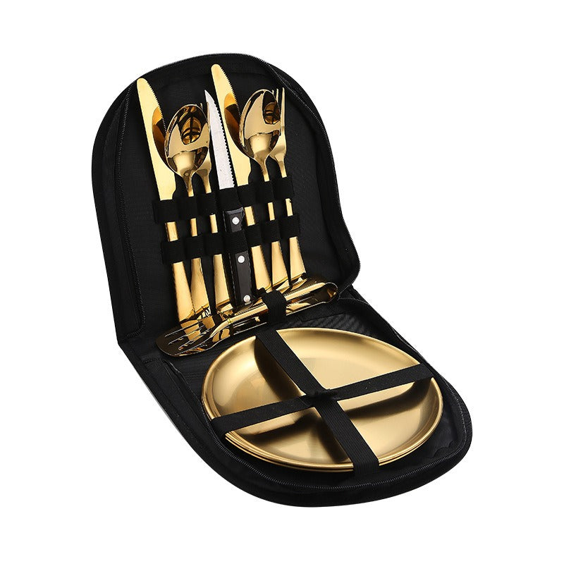 Stainless Steel Tableware Outdoor Camping Western Style Steak Knife Fork Spoon Dinner Plate Set Portable Cloth Bag Set Julia M Home & Kitchen