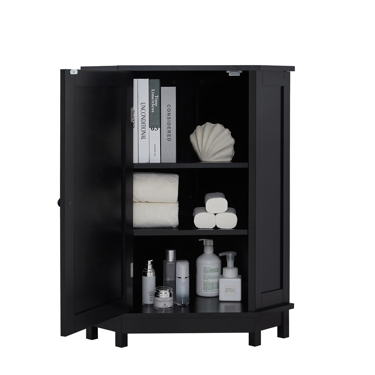 Black Bathroom Cabinet Triangle Corner Storage Cabinet with Adjustable Shelf Modern Style MDF Board - Julia M LifeStyles