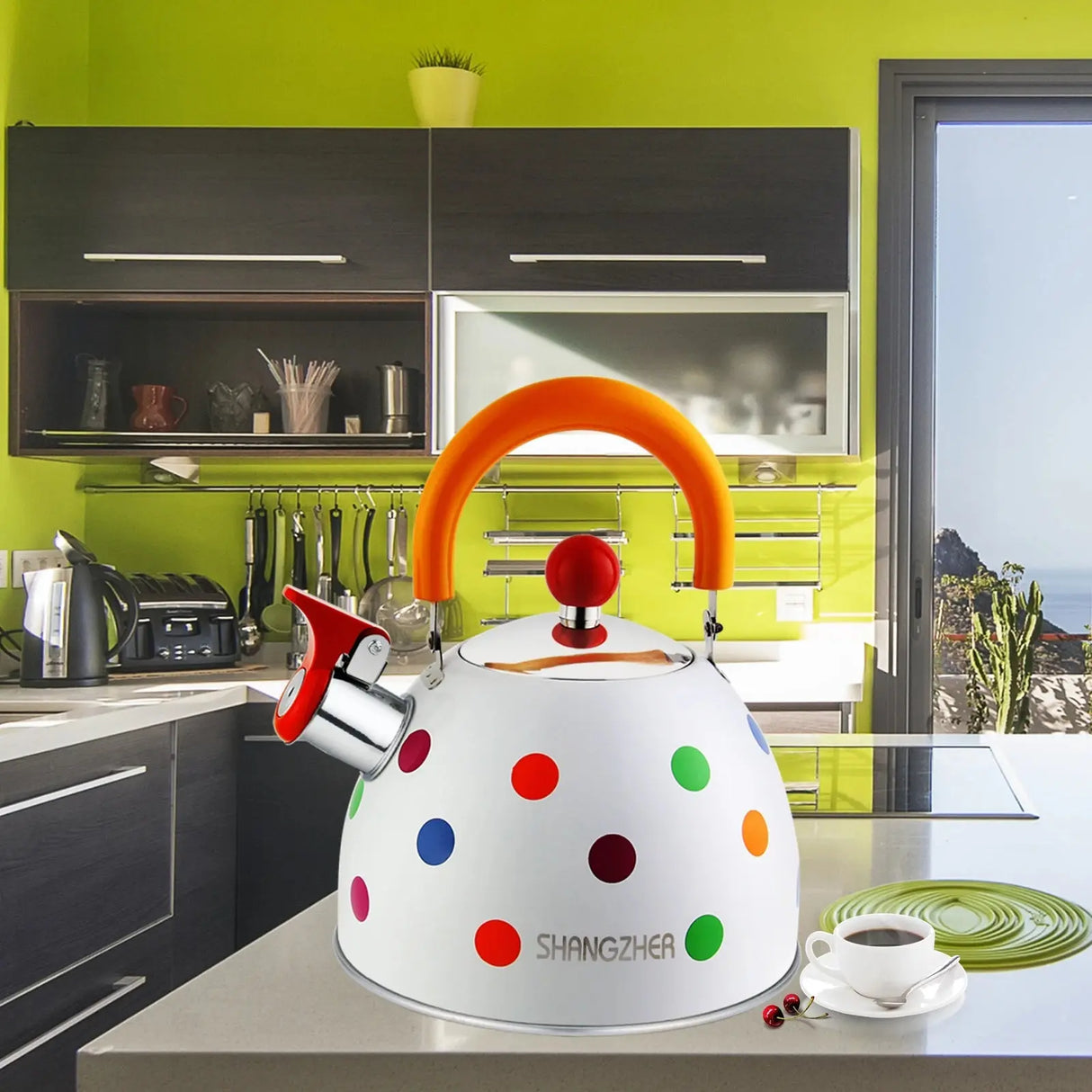 2.5L Stainless Steel Whistling Teapot - Dot Colour Design - Julia M LifeStyles