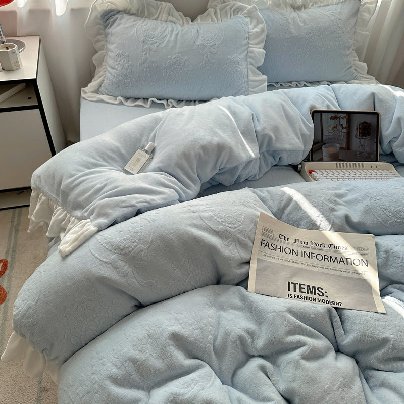 A-class ins princess style milk velvet four piece set lace carved velvet warm duvet cover winter bedding Julia M Home & Kitchen