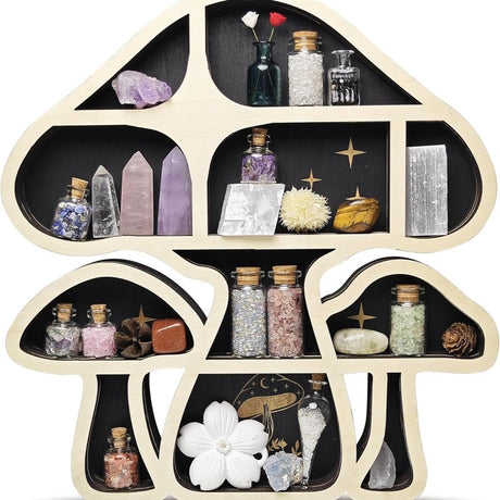 Adorable Mushroom - themed Decor. Wall - mounted Wooden Floating Mushroom Shelf. Ideal as a Crystal Display Shelf or a Rock Gem - Julia M LifeStyles