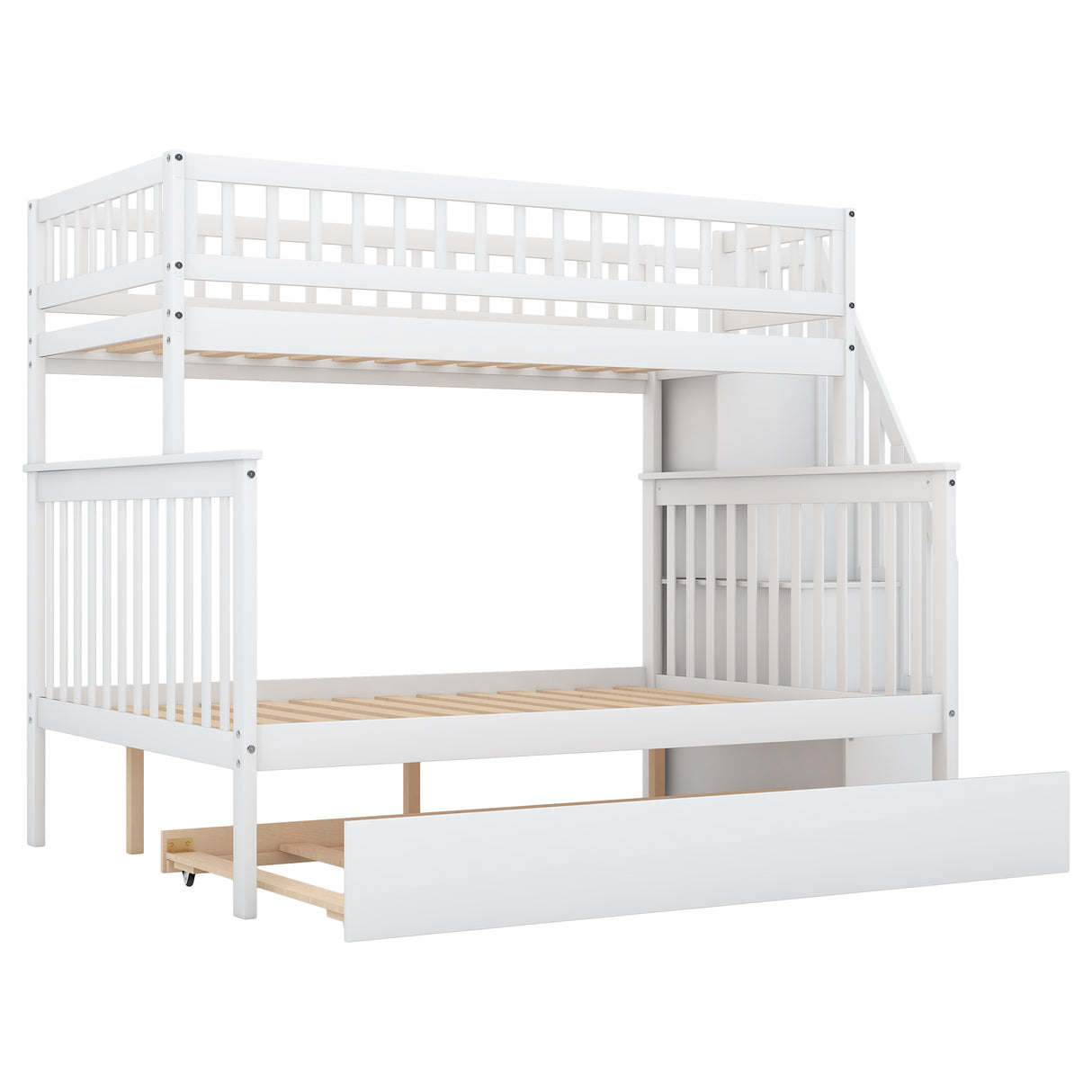 Twin over Full Bunk Bed with Trundle and Staircase White - Julia M LifeStyles