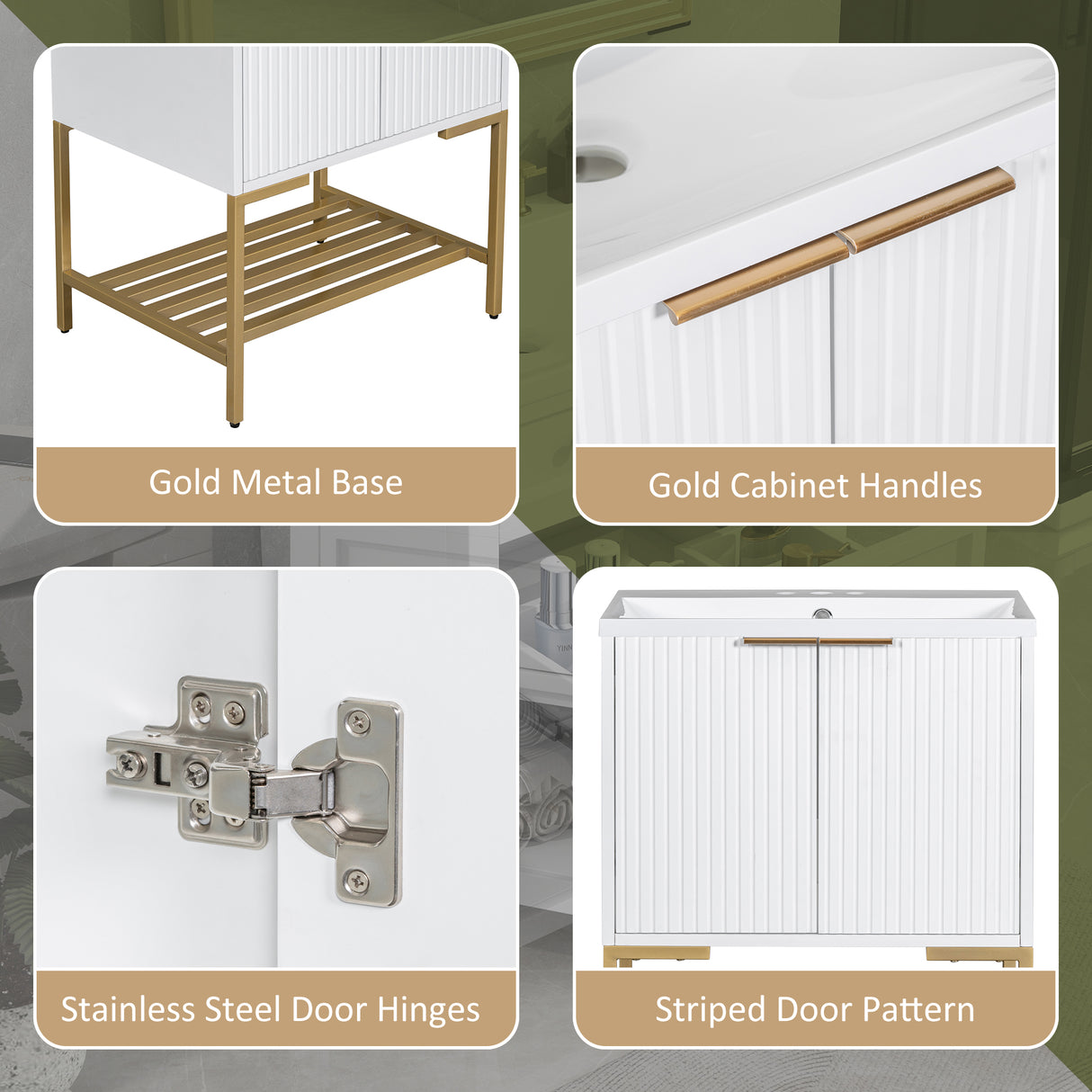 24" Bathroom Vanity with Sink, Bathroom Vanity Cabinet with Two Doors and Gold Metal Frame, Open Storage Shelf, White - Julia M LifeStyles