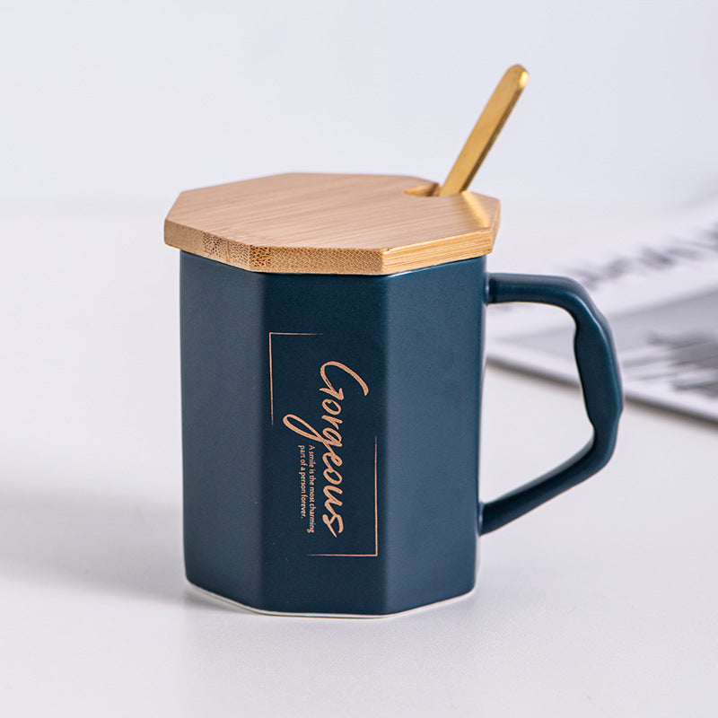 Octagonal Nordic Ins Style Ceramic Cup With Lid Home Office High-End Couple Water Cup