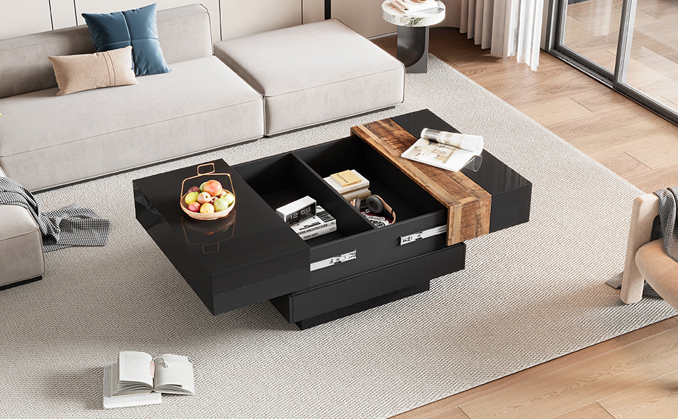 ON-TRANS 31.4 inches x 31.4 inches with sliding tabletop, high gloss center table, hidden storage room black - Julia M LifeStyles