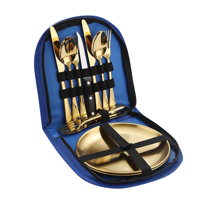 Stainless Steel Tableware Outdoor Camping Western Style Steak Knife Fork Spoon Dinner Plate Set Portable Cloth Bag Set Julia M Home & Kitchen