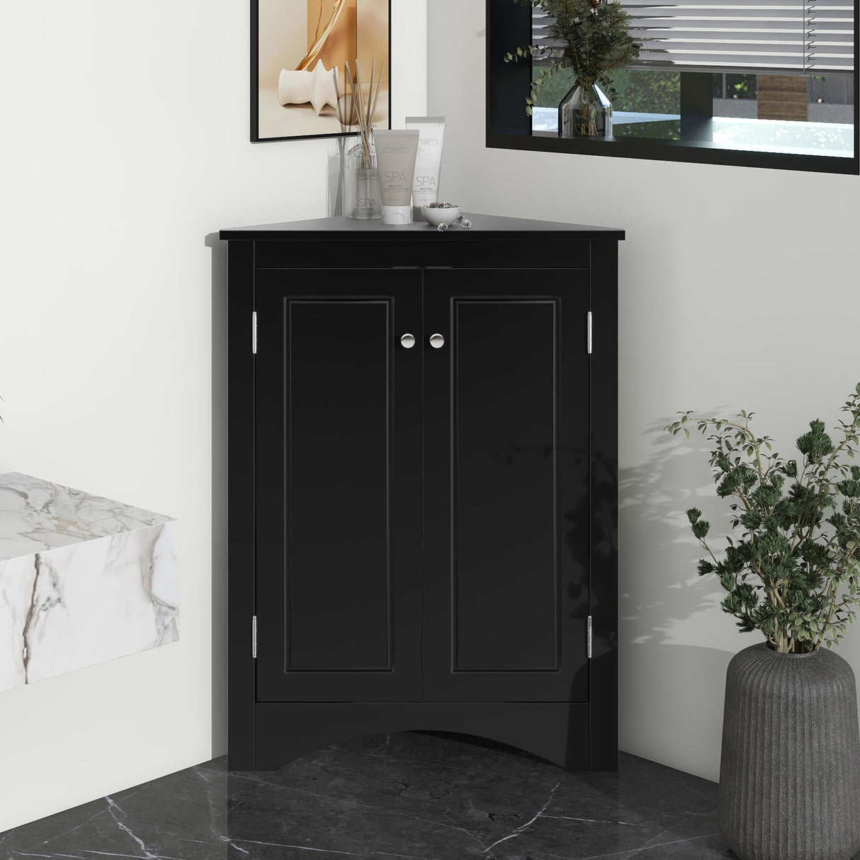 Black Triangle Bathroom Storage Cabinet with Adjustable Shelves, Freestanding Floor Cabinet for Home Kitchen - Julia M LifeStyles