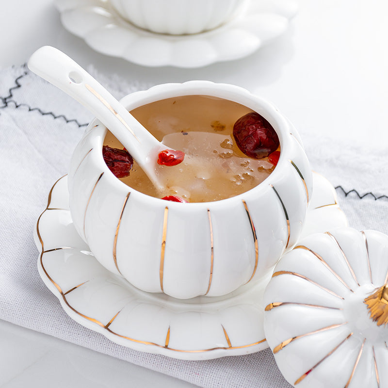 Creative Ceramic Pumpkin Cup, Steamed Egg Cup, Stewed Pot with Cover, Pure White Mini Bird's Nest Cup, Soup Cup - Julia M LifeStyles