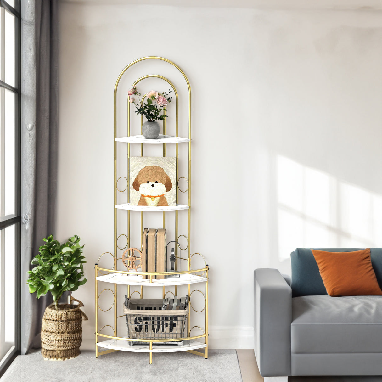 Gold 4-Tier Corner Bookshelf, Modern Style, Plant Stand with Metal Frame - Julia M LifeStyles