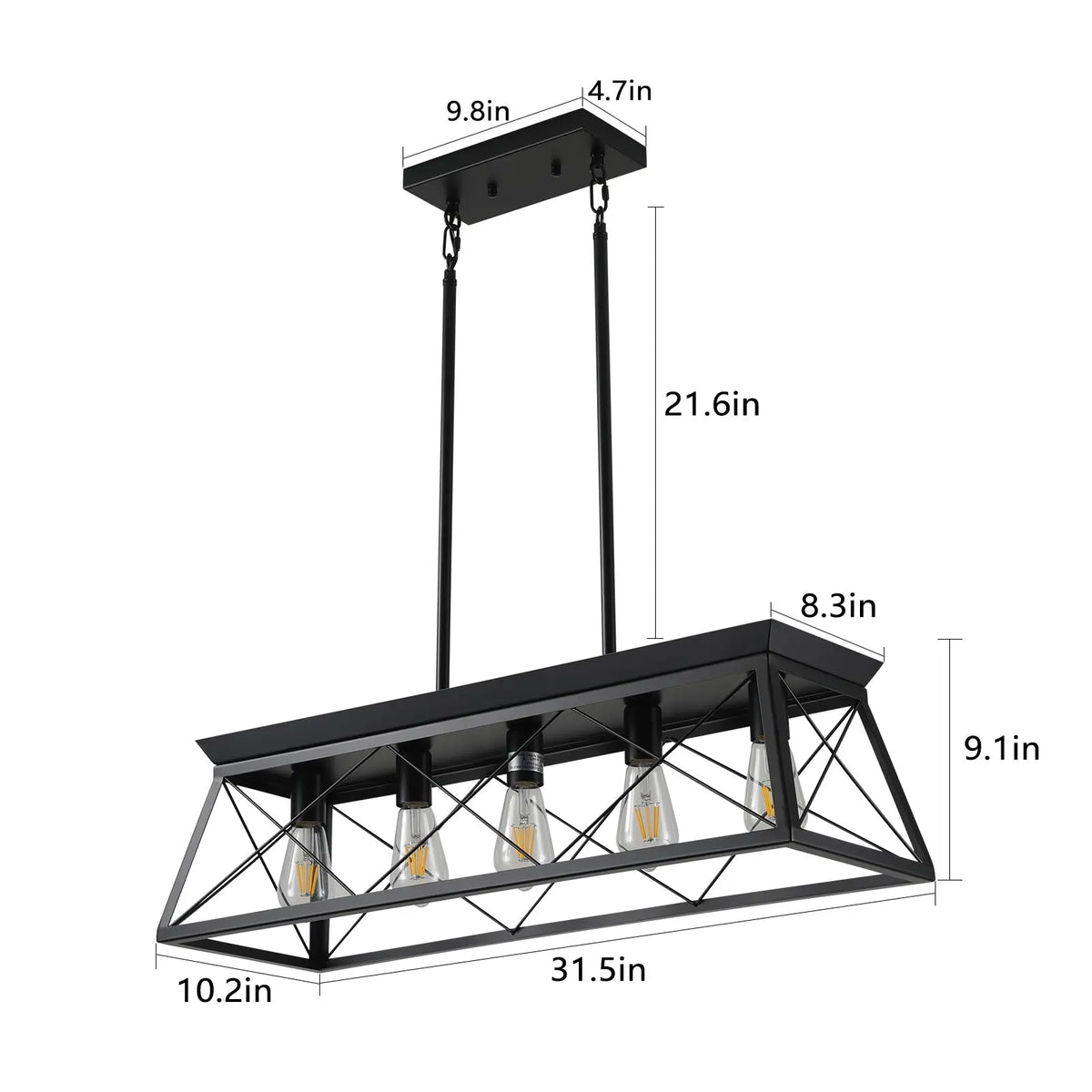 5-light farmhouse pendant light, metal pendant light island fixture, modern rectangular island light, pure black (no bulb) - Julia M LifeStyles