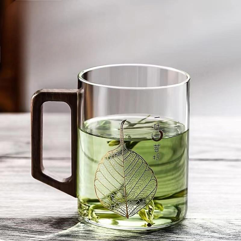 High end green tea cup with walnut handle and lid. High temperature resistant glass office drinking cup Julia M Home & Kitchen