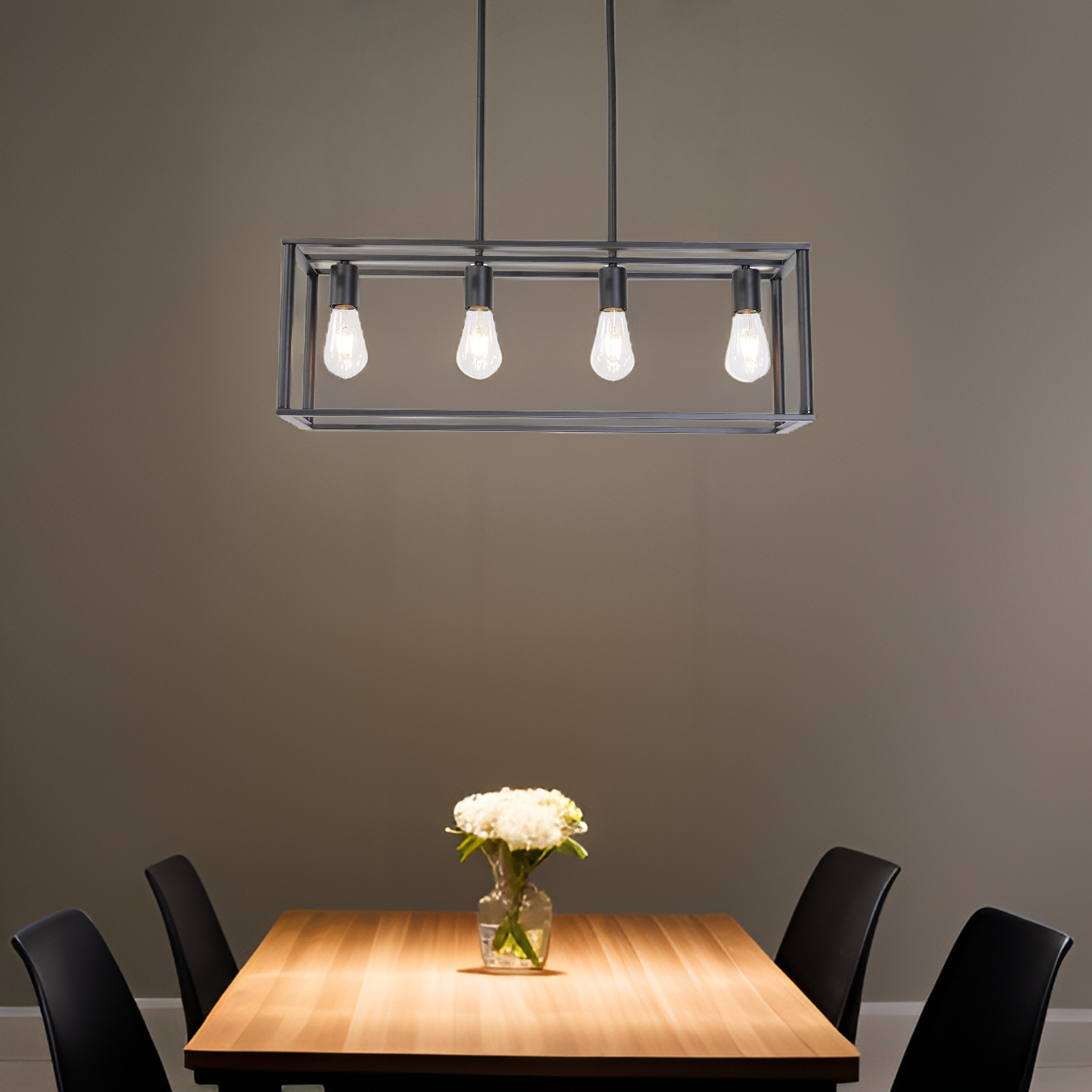Pendant Lighting 4 Light Industrial Vintage Open Frame Rectangle Chandeliers Modern Black Linear Cage Ceiling Light Fixture - Julia M LifeStyles