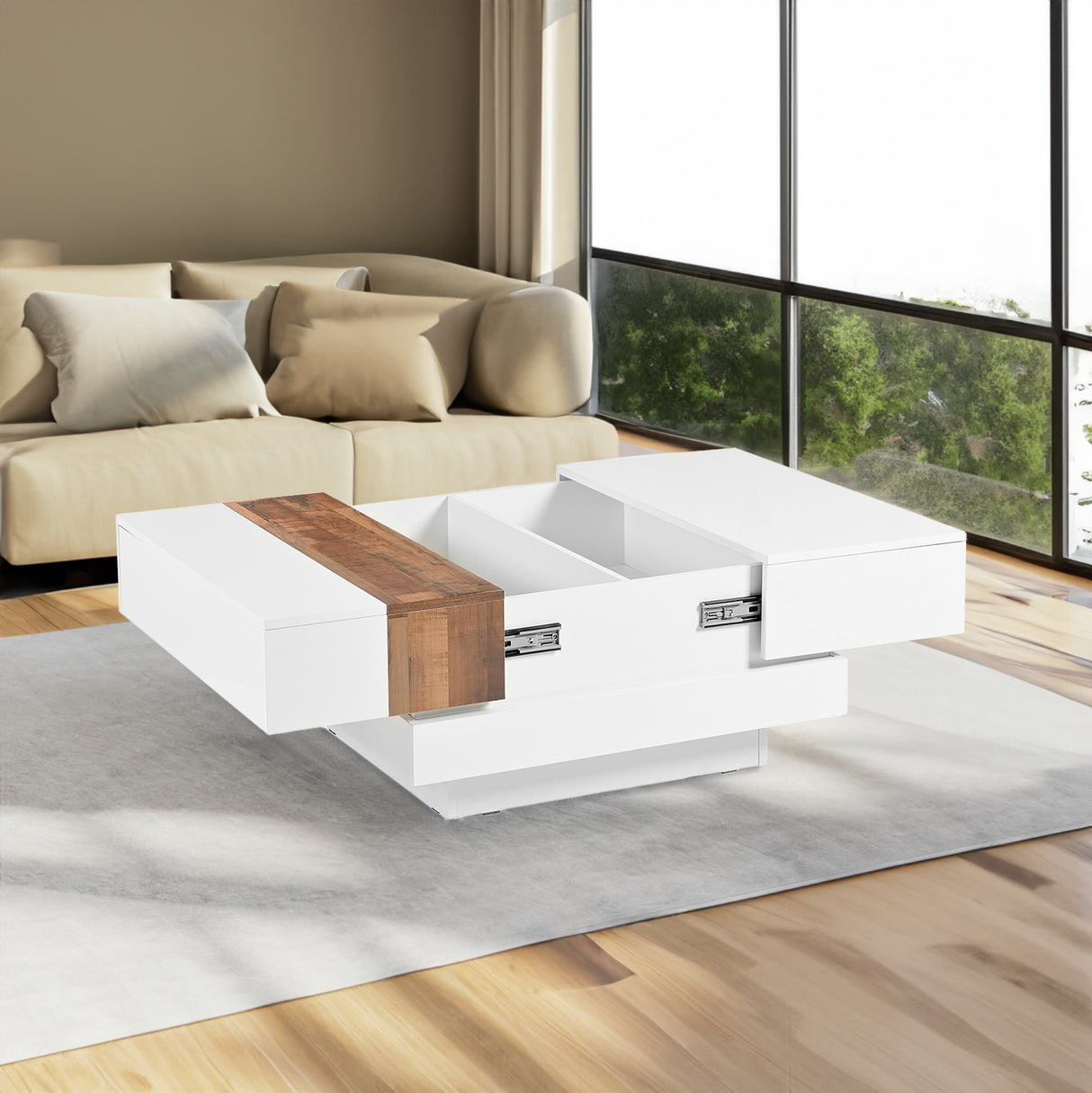 ON-TRANS 31.4 inches x 31.4 inches with sliding tabletop, high gloss center table, hidden storage room white - Julia M LifeStyles