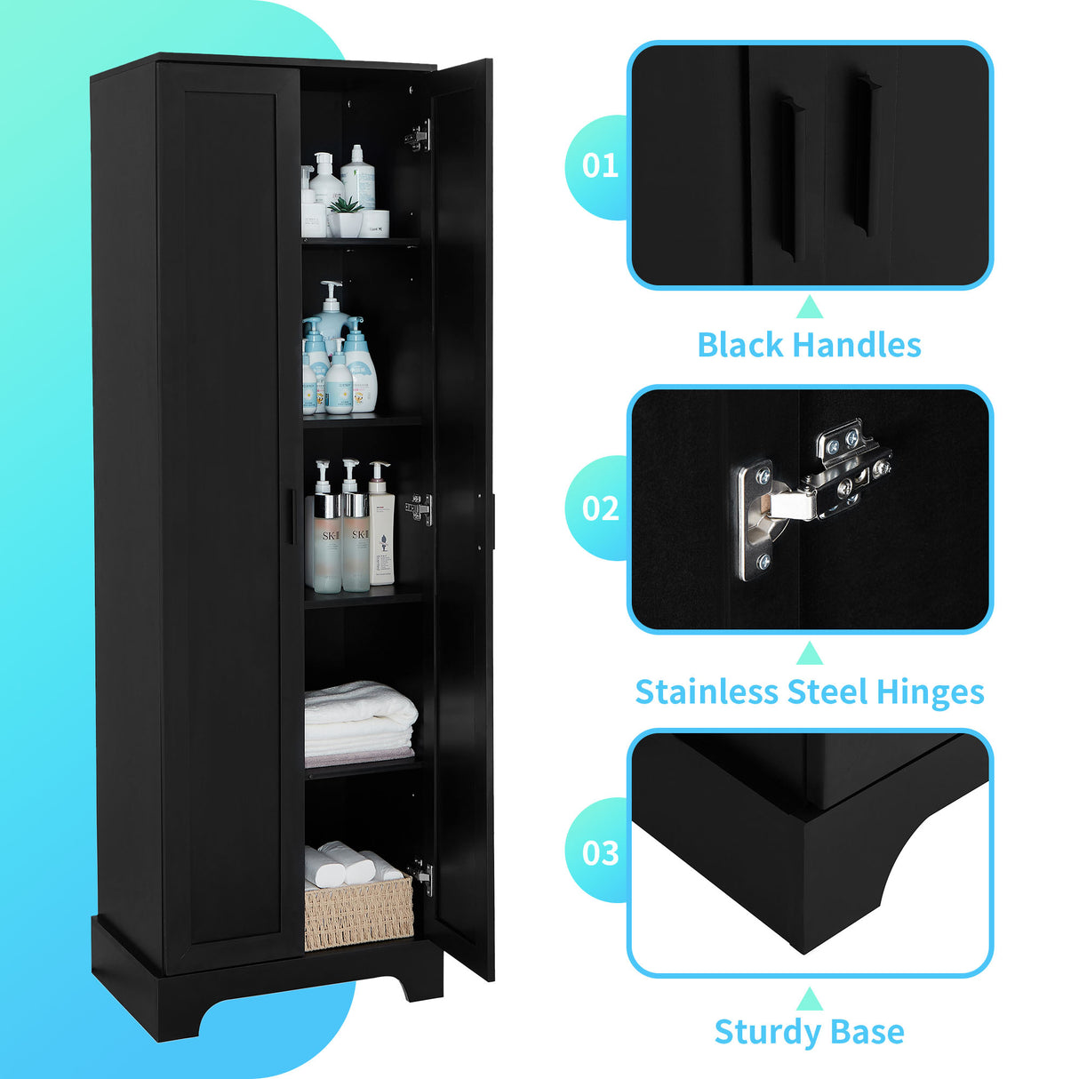 Storage Cabinet with Two Doors for Bathroom, Office, Adjustable Shelf, MDF Board, Black - Julia M LifeStyles