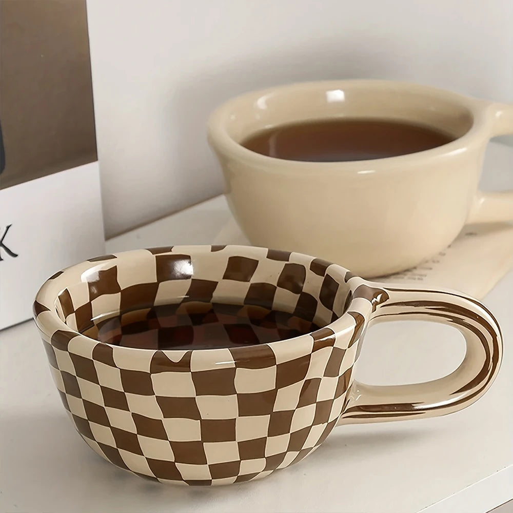 A 300ml ceramic retro couple checkerboard grid small capacity milk white wind mug coffee cups Julia M Home & Kitchen