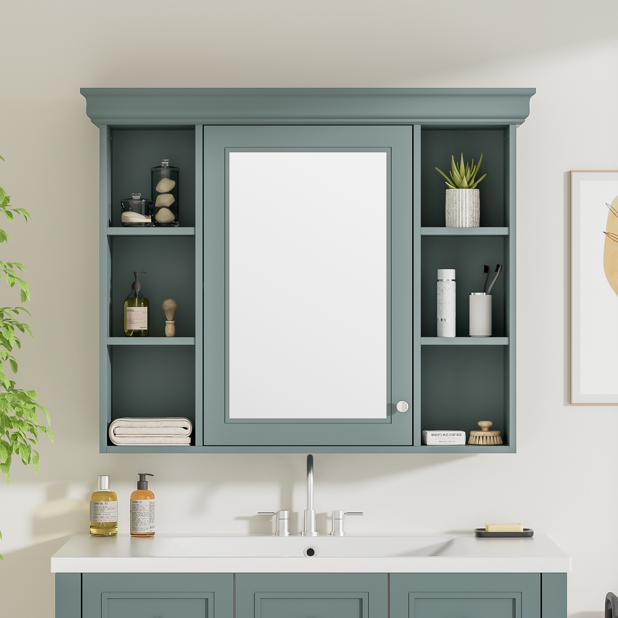 35 ''x 28' 'blue wall mounted bathroom storage cabinet with mirror door and medication cabinet with 6 open shelves Julia M Home & Kitchen