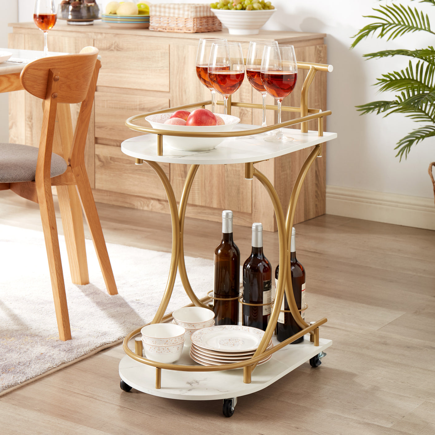 Golden Two-Tier Industrial Style Rolling Bar Cart with Wine & Glass Holders