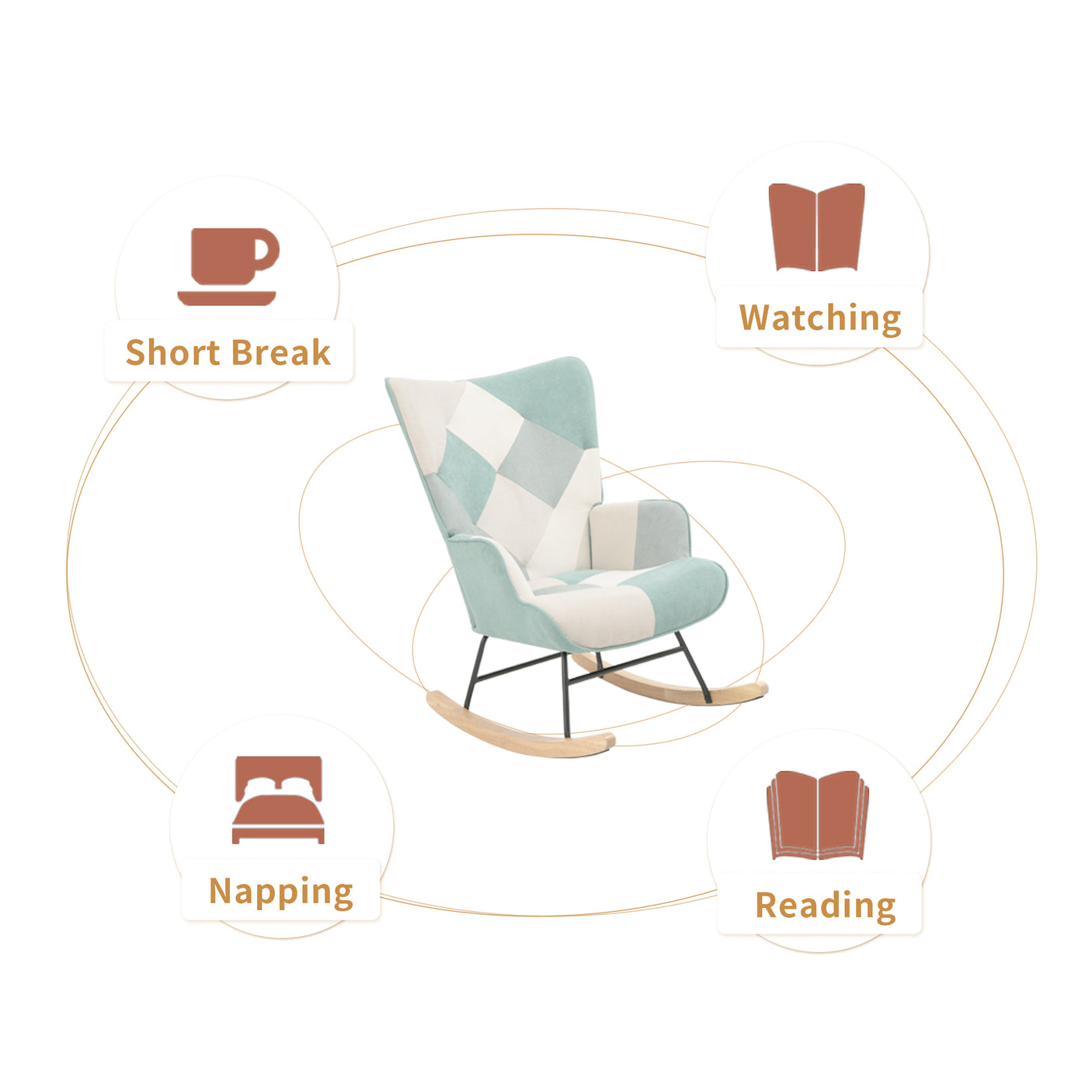 Rocking Chair with ottoman, Mid Century Fabric Rocker Chair with Wood Legs and Patchwork Linen for Livingroom Bedroom - Julia M LifeStyles