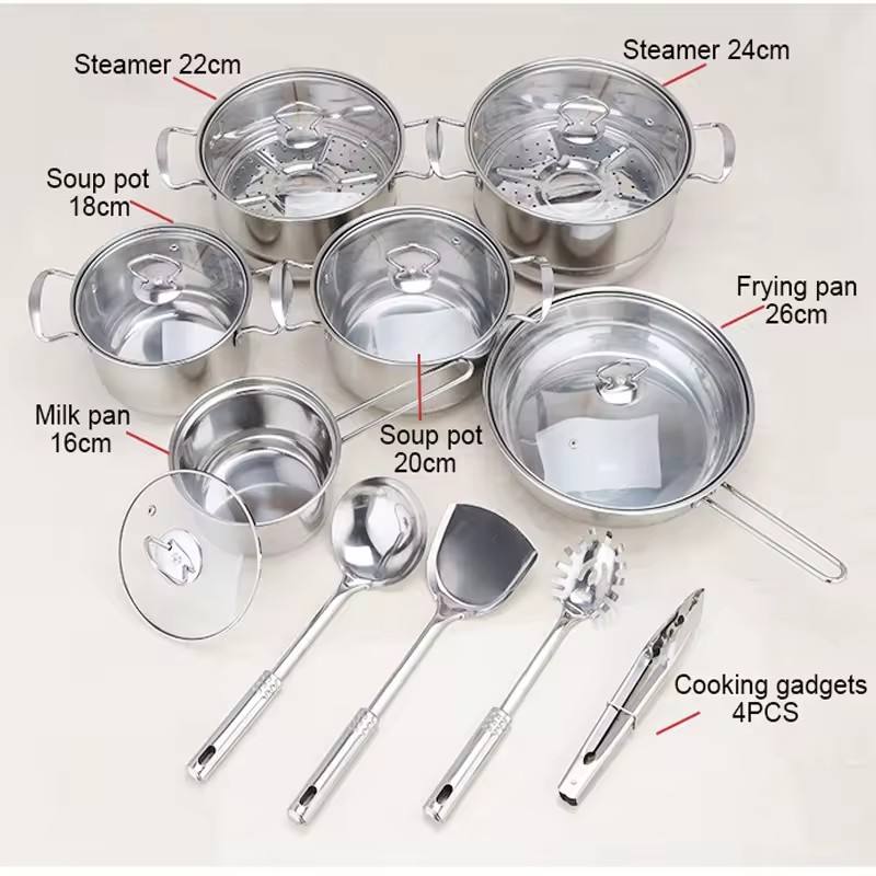Stainless steel cookware set of 18 pieces household kitchen set soup pot set 16-26cm cutlery set pot set Julia M Home & Kitchen