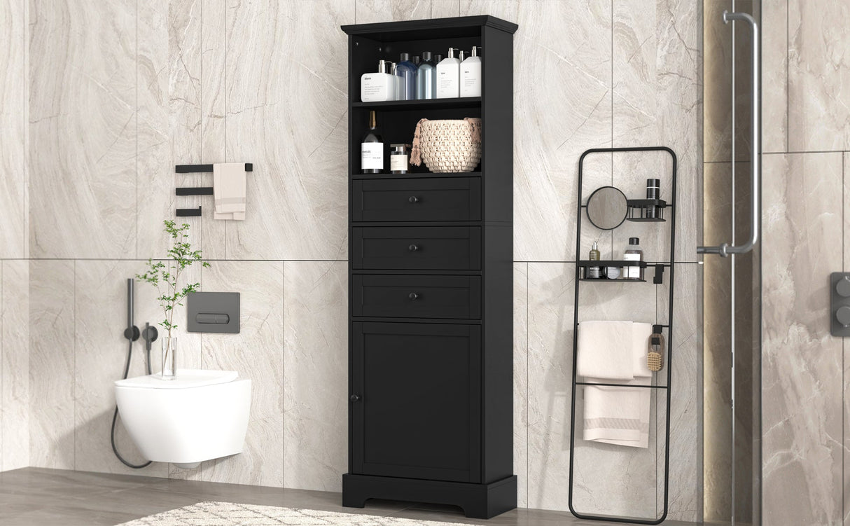 Black high storage cabinet with 3 drawers and adjustable shelves, MDF board painted eprolo
