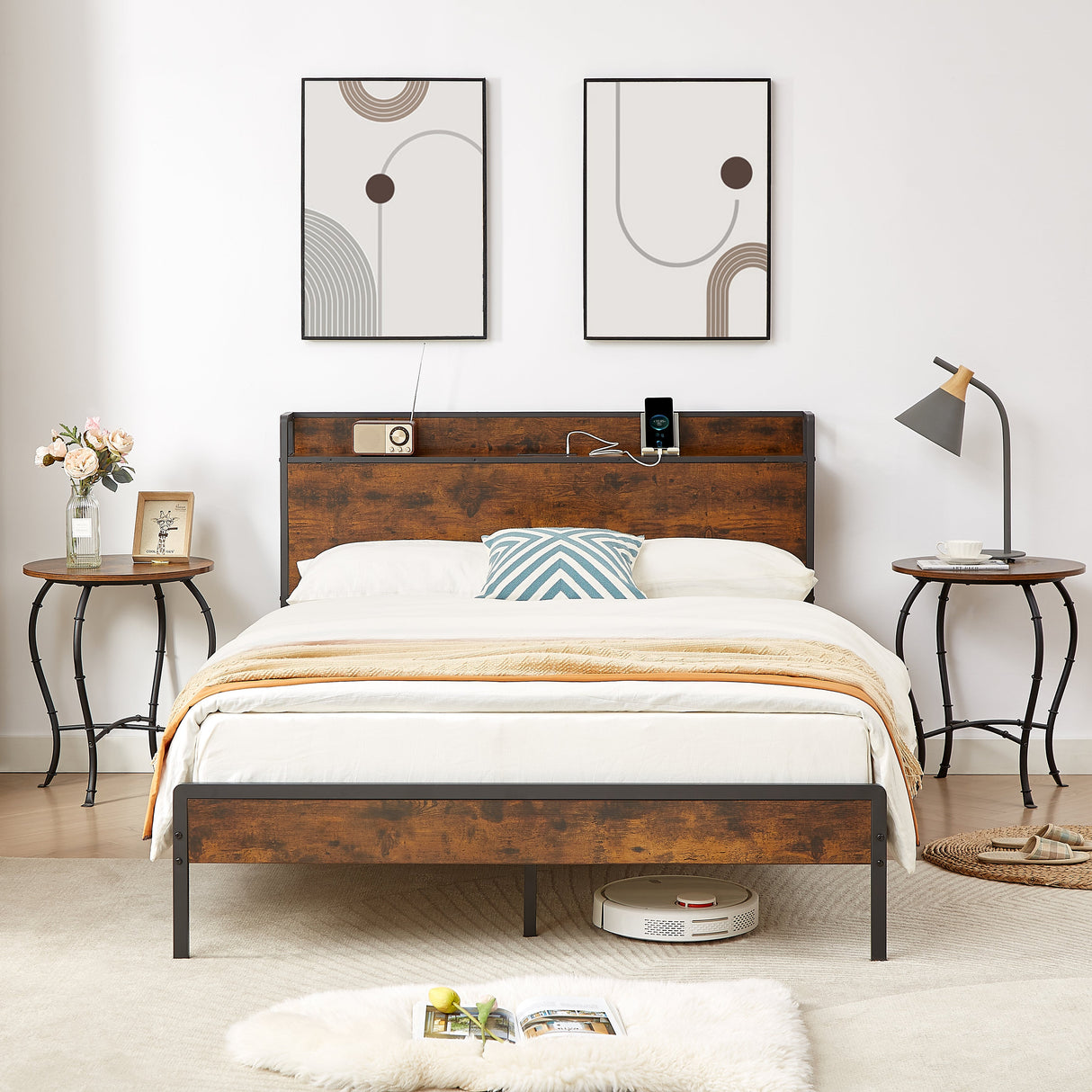 Bed frame with charging station full size, Rustic Brown, 83.1'' L x 56.1'' W x 39'' H eprolo