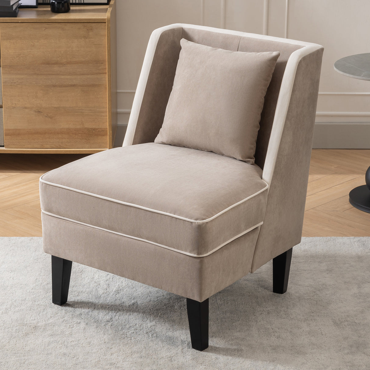 Velvet Upholstered Accent Chair with Cream Piping, Tan and Cream - Julia M LifeStyles