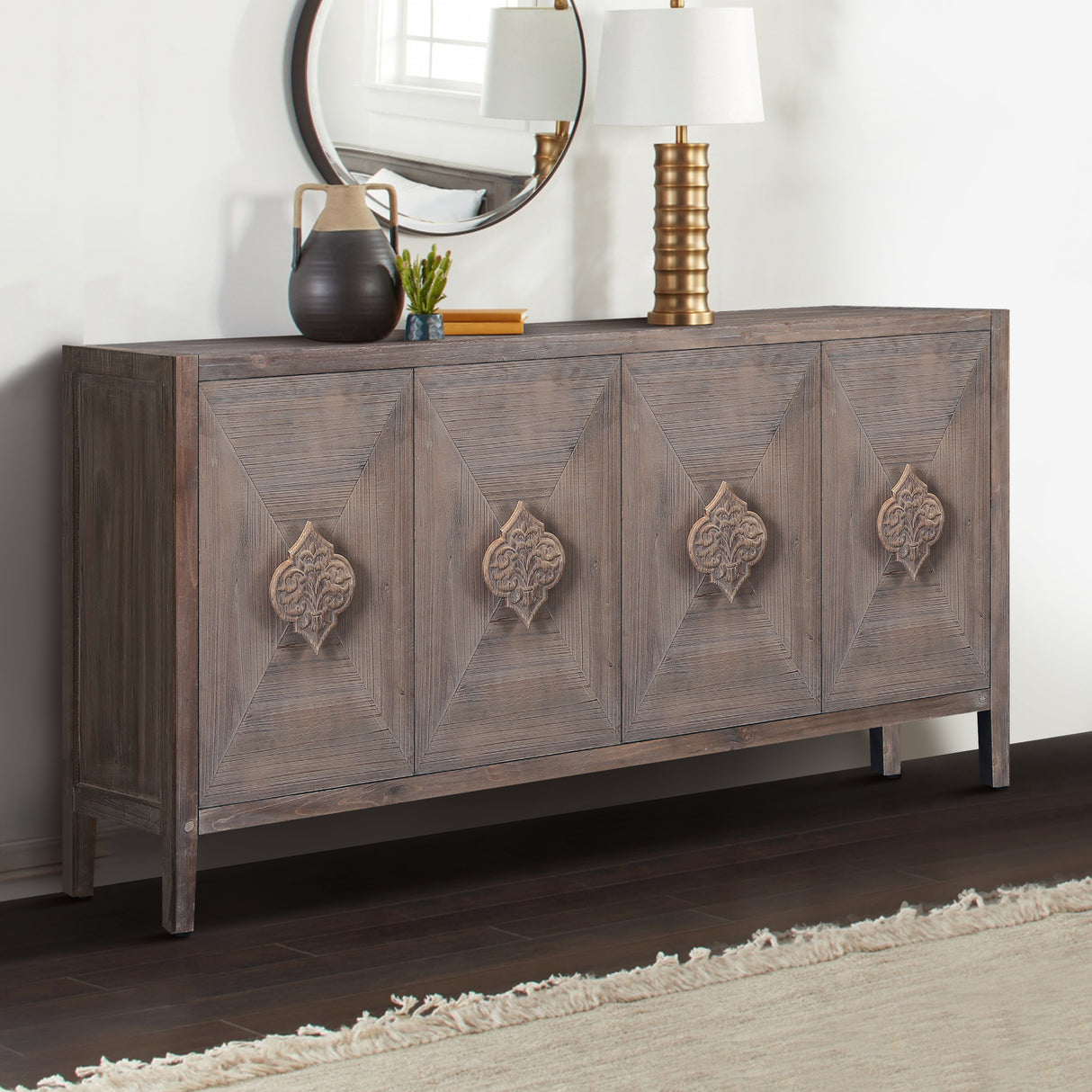 Carved Flower Door Handle, Antique Four Door Cabinet for Living Room Kitchen Hallway (Brown) - Julia M LifeStyles