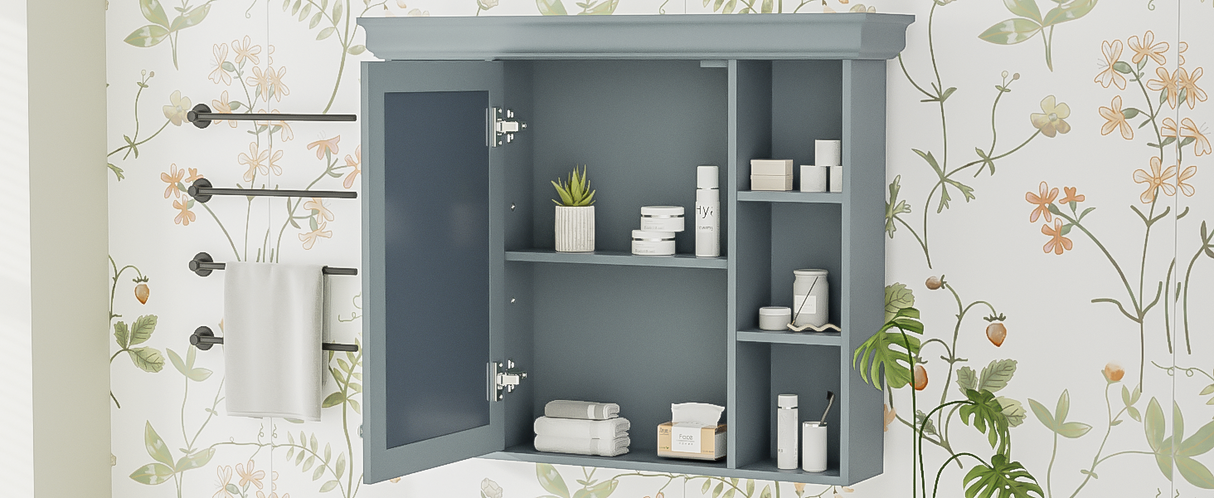 35 ''x 28' 'blue wall mounted bathroom storage cabinet with mirror door and medication cabinet with 6 open shelves Julia M Home & Kitchen