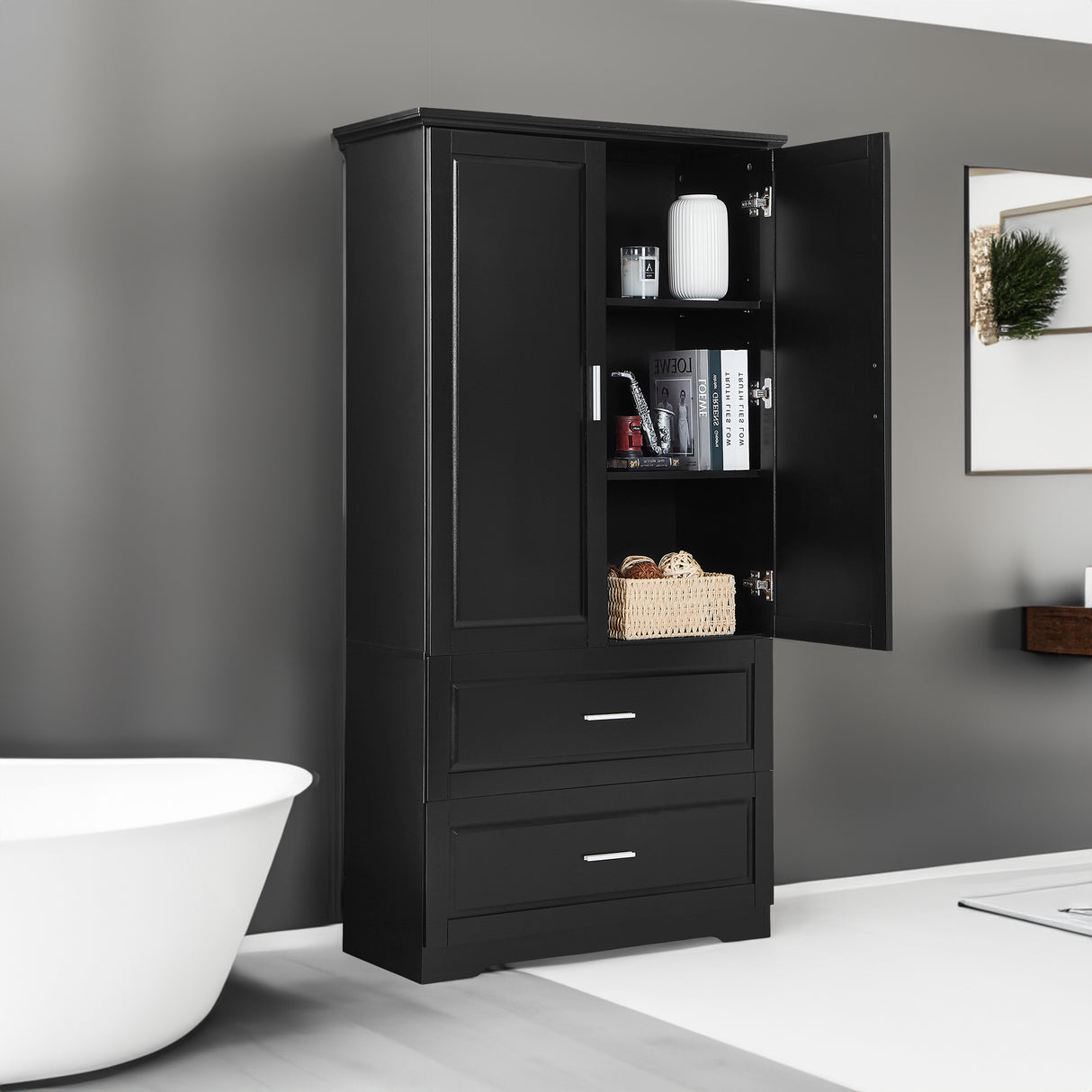 Tall Bathroom Storage Cabinet, Cabinet with Two Doors and Drawers, Adjustable Shelf, MDF Board, Black - Julia M LifeStyles