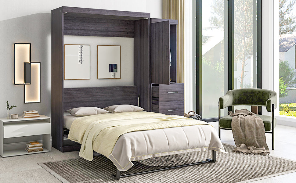 Full Size Murphy Bed with Wardrobe and Drawers, Storage Bed, can be Folded into a Cabinet, Gray - Julia M LifeStyles