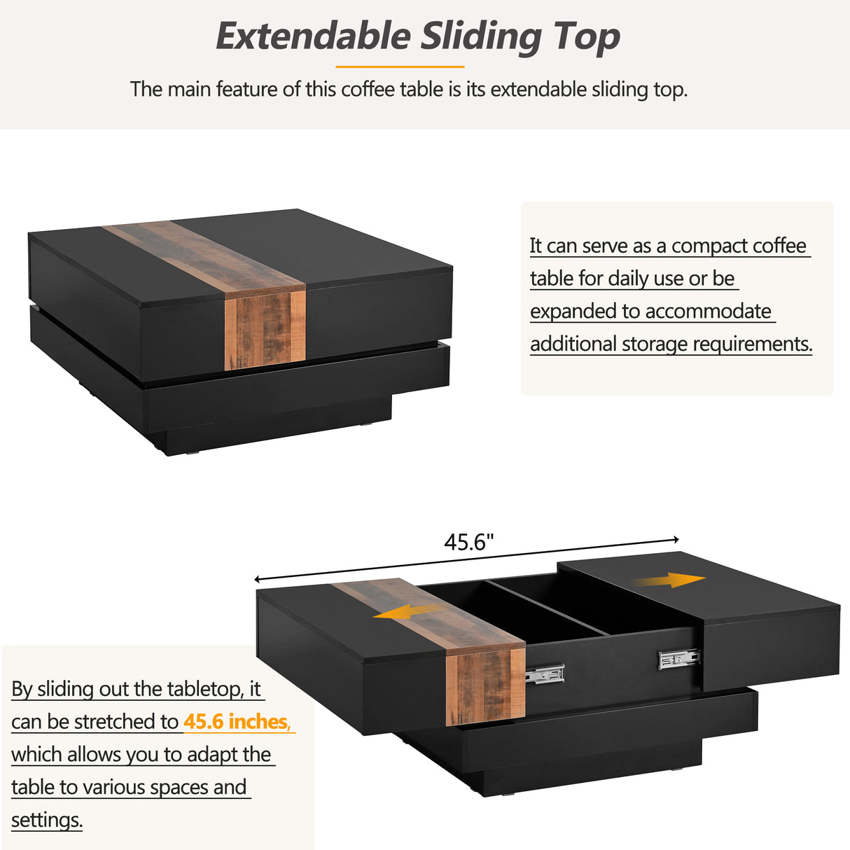 ON-TRANS 31.4 inches x 31.4 inches with sliding tabletop, high gloss center table, hidden storage room black - Julia M LifeStyles