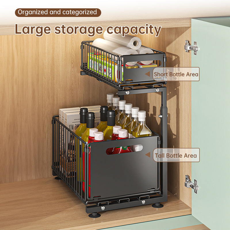 Luxury 2-Tier Adjustable Pull-Out Cabinet Organizer – Premium Carbon Steel Storage Solution
