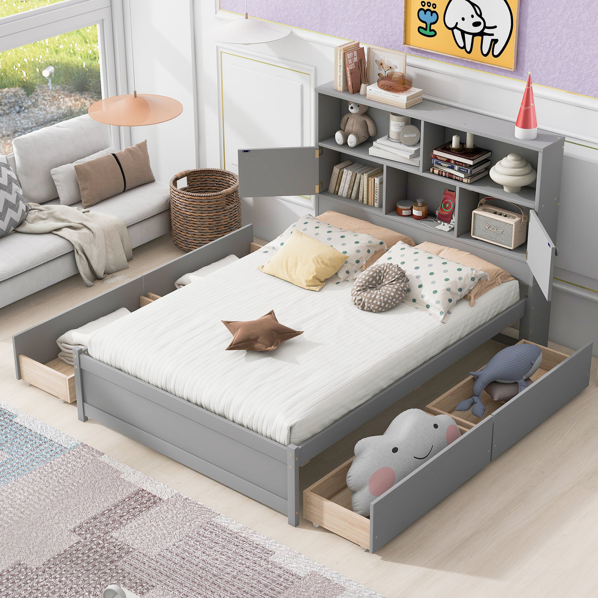 Full Size Platform Bed with Storage Headboard, Charging Station and 4 Drawers, Gray - Julia M LifeStyles