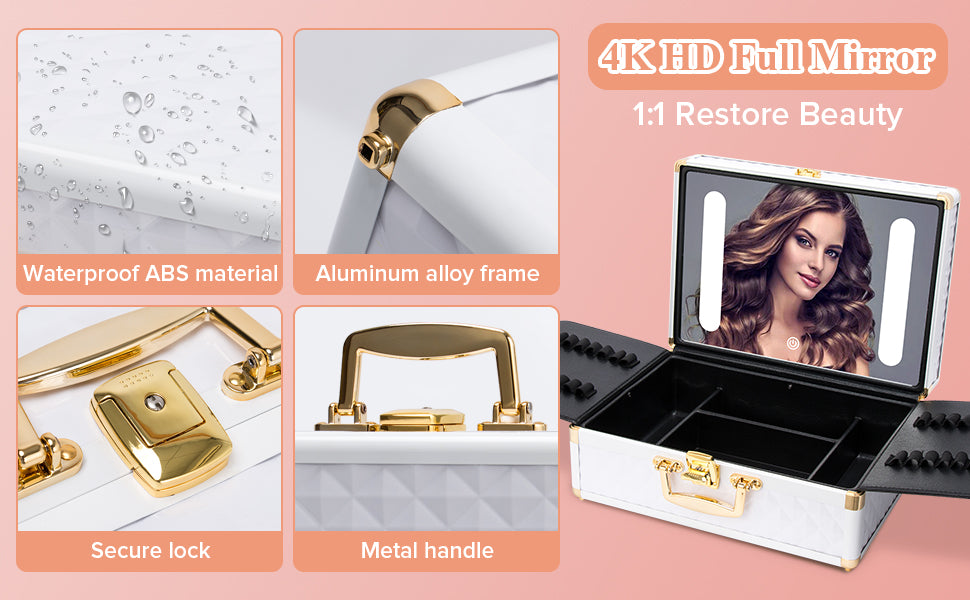 Portable makeup case, travel makeup bag with LED mirror, locked makeup storage box, brush holder, divider, rechargeable, white - Julia M LifeStyles