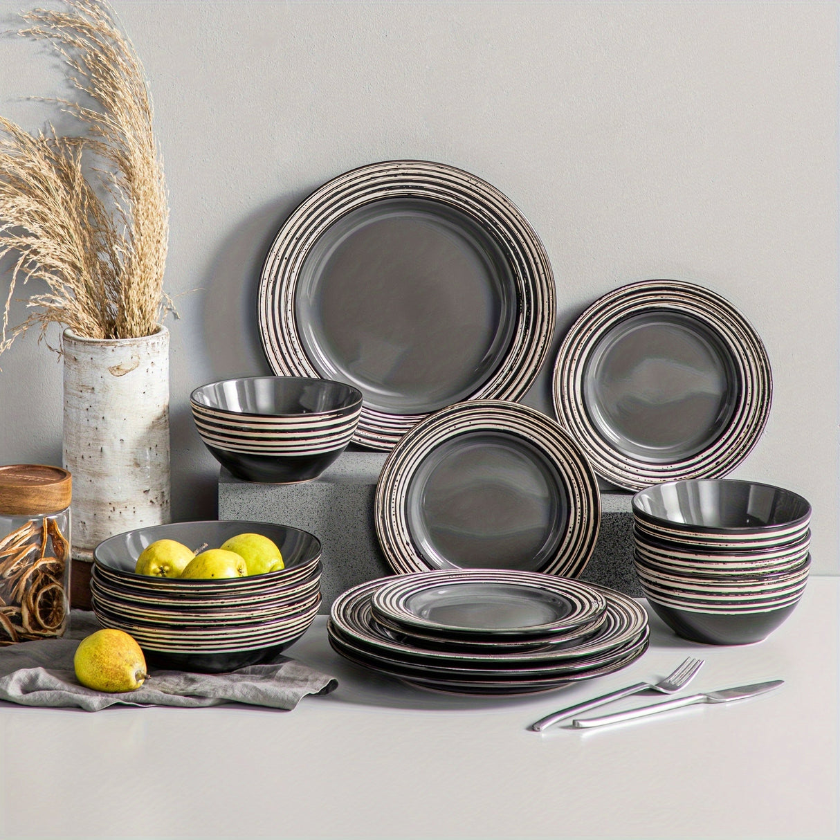16-Piece Modern Grey Stoneware Dinnerware Set - Elegant Bark Glaze Julia M LifeStyles