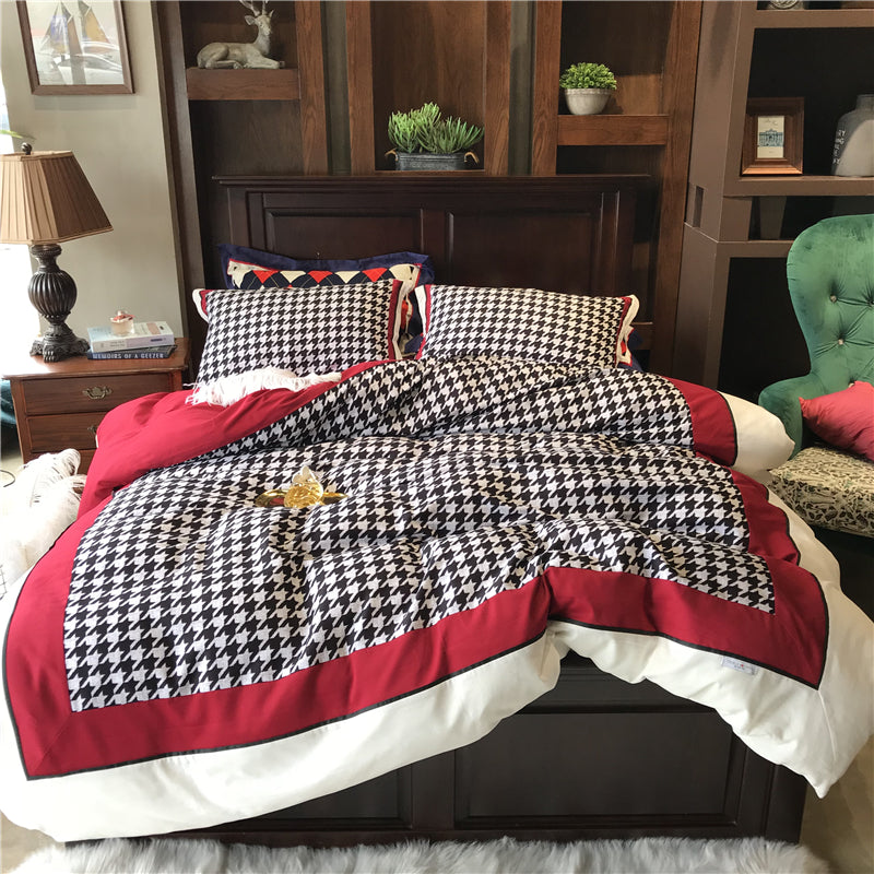 American Retro Cotton Velvet Houndstooth Bedding Set in Retro Red