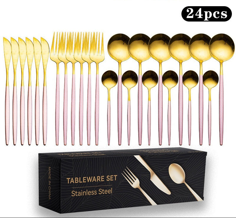 Cutlery Set Stainless Steel Knife Fork Set 24-Piece Tableware Set Golden Steak Knife Fork Spoon 6-Person Set eprolo