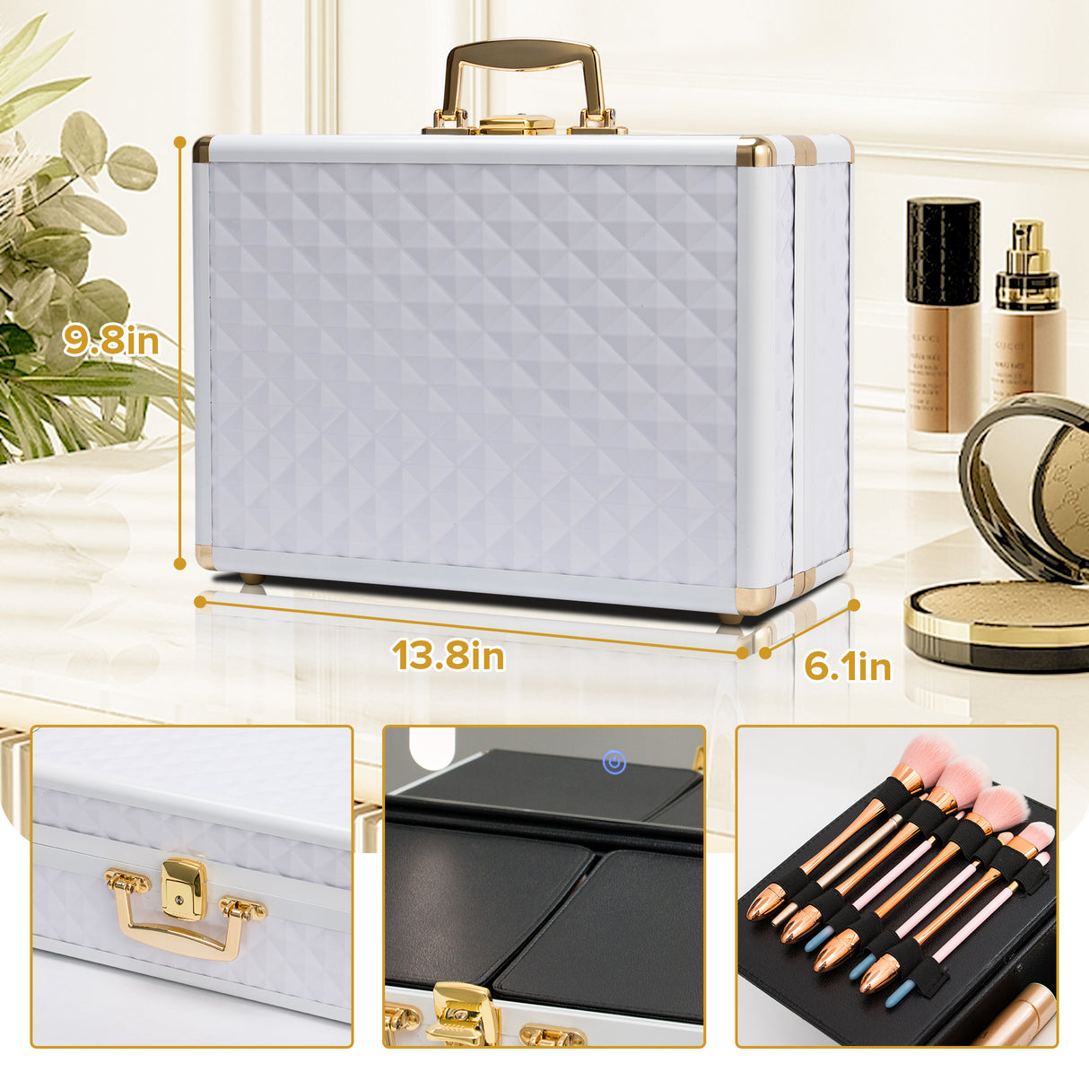 Portable makeup case, travel makeup bag with LED mirror, locked makeup storage box, brush holder, divider, rechargeable, white - Julia M LifeStyles