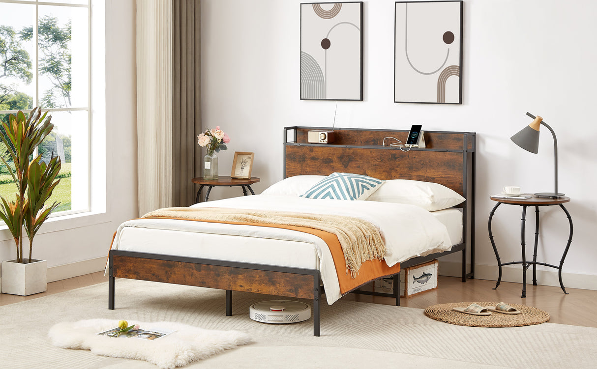 Bed frame with charging station full size, Rustic Brown, 83.1'' L x 56.1'' W x 39'' H eprolo