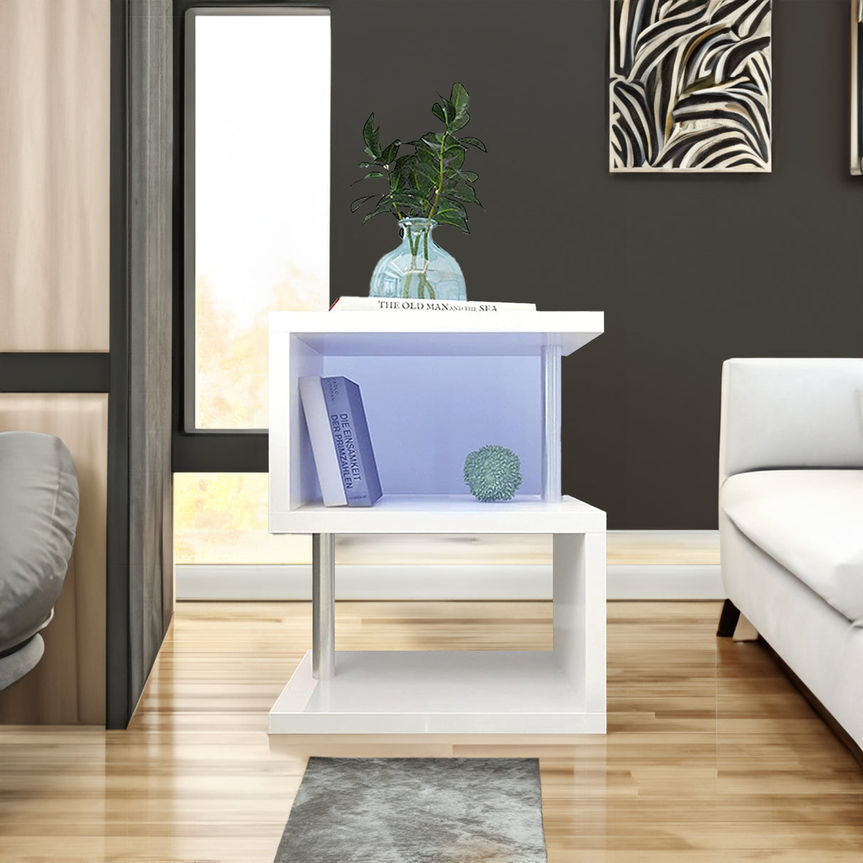 3-layer S-shaped coffee table, high gloss side table with open storage rack and USB power supply, white LED coffee table - Julia M LifeStyles