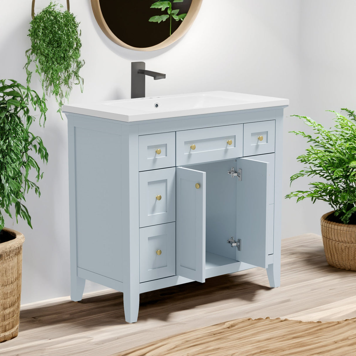 36 inch bathroom vanity with resin sink combination set with 6 drawers and 2 cabinets, storage cabinet vanity set, light blue Julia M Home & Kitchen