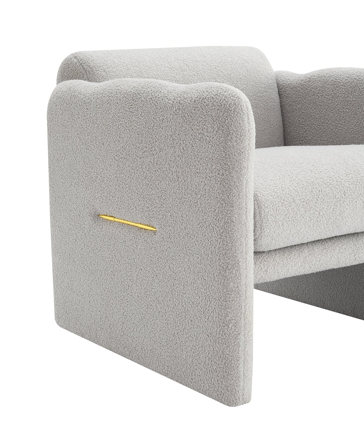 Armchair with wavy armrests, metal decorations on both sides of the armrests, made of Teddy cloth, light gray - Julia M LifeStyles