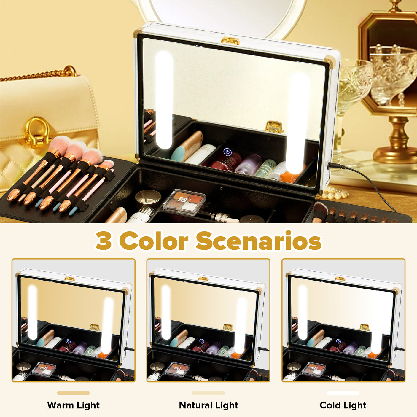 Portable makeup case, travel makeup bag with LED mirror, locked makeup storage box, brush holder, divider, rechargeable, white - Julia M LifeStyles