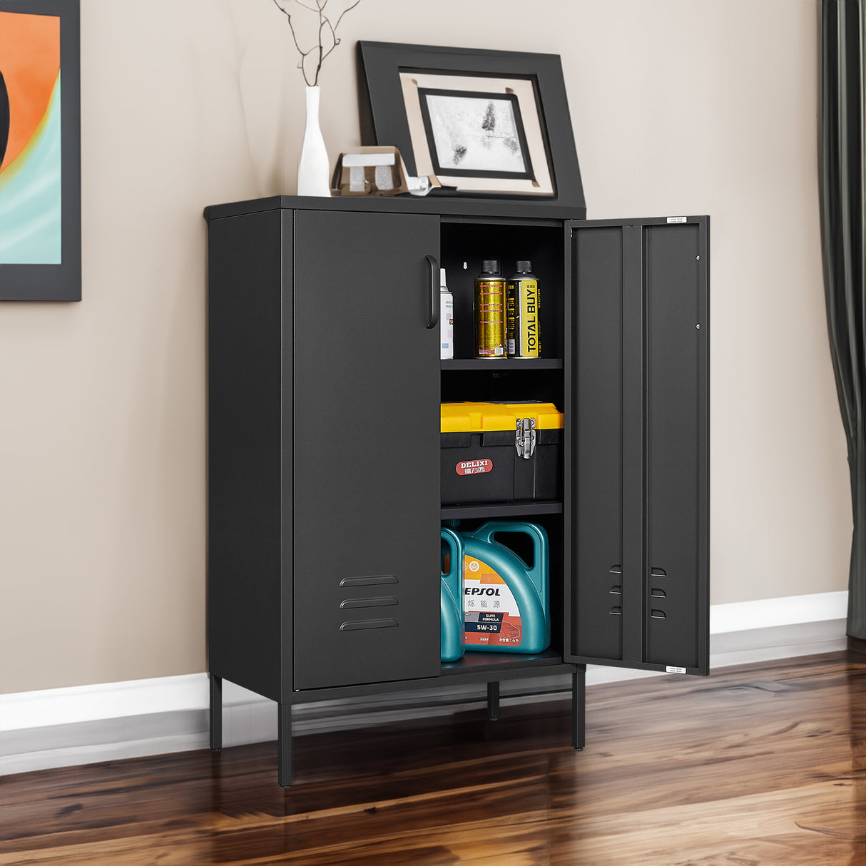 Steel storage cabinet, double door miscellaneous storage cabinet, 2 movable partitions - Julia M LifeStyles