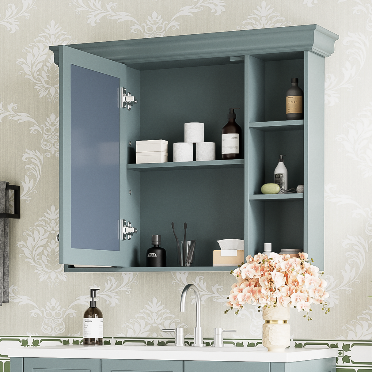 35 ''x 28' 'blue wall mounted bathroom storage cabinet with mirror door and medication cabinet with 6 open shelves Julia M Home & Kitchen